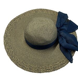 Sun N Sand Wide Brim Navy Blue Straw Sun Hat Ribbon Bow Adjustable Band Beach